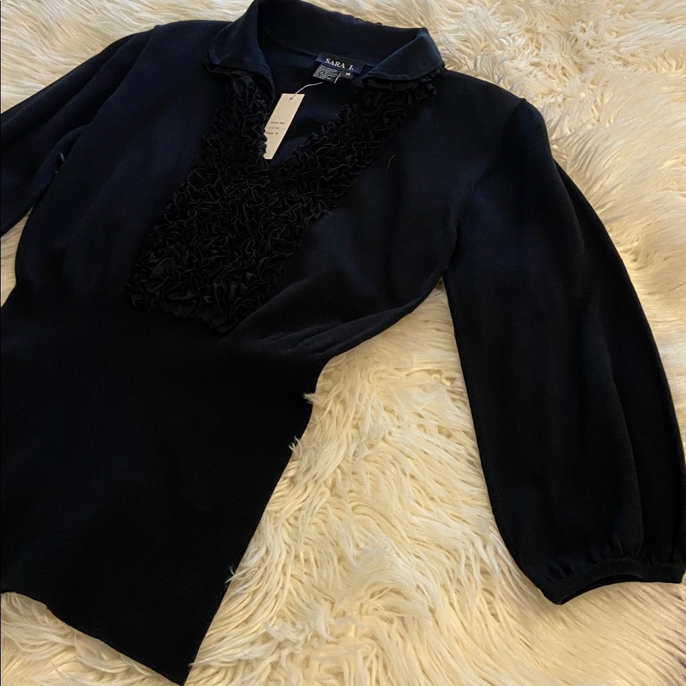 Sara L Black Mid Sleeve Top with Ruffle Detail size M brand new length 27” - Picture 5 of 8
